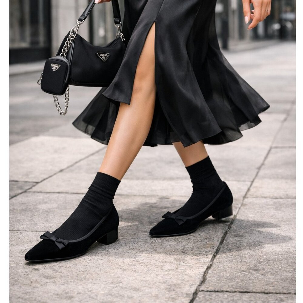 Fabio Rusconi Black Velvet Bow Ballet Flats Pointed Toe Low Heel Italy EU 38